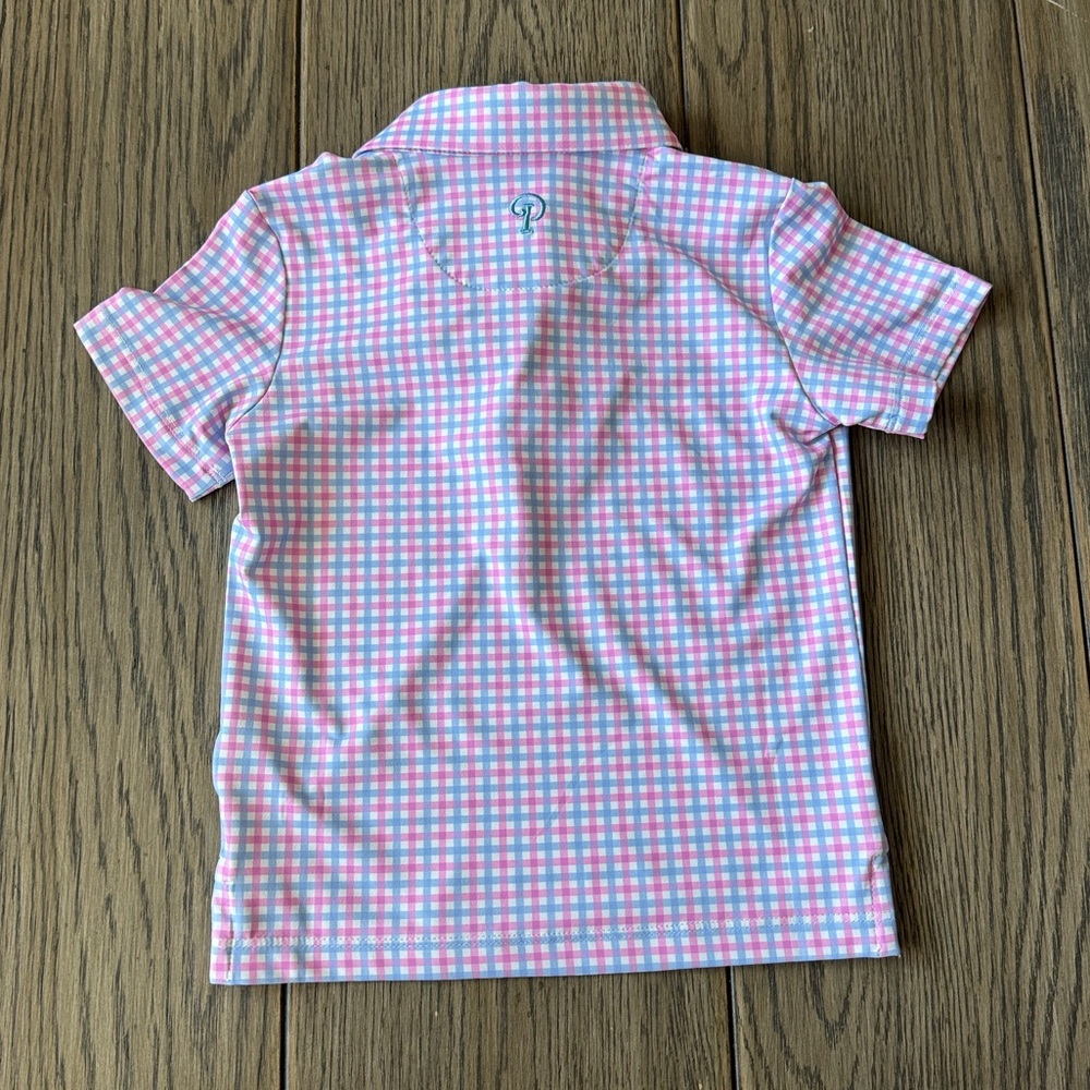 **WORN ONCE** Poppy Kids Co Boys Pink & Blue Check Polo - Picture 3 of 4